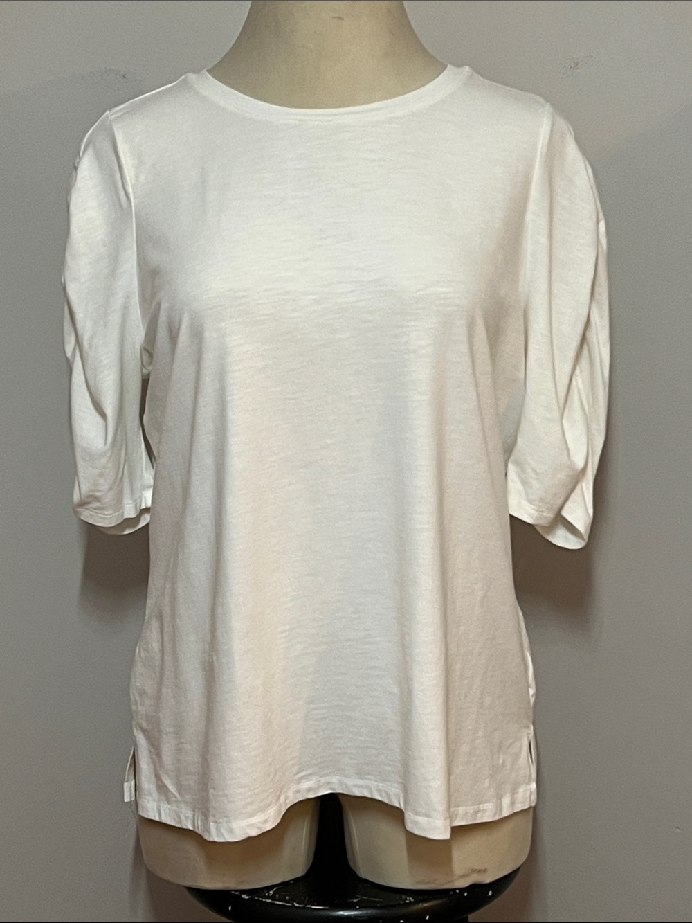 Belle by Kim Gravel Slub Knit Santorini Ruched Sleeve Cream Top Crew Neckline